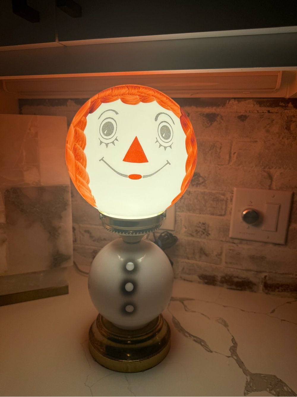 Vintage Raggedy Ann Inspired Milk Glass Face Lamp - Orange Accents